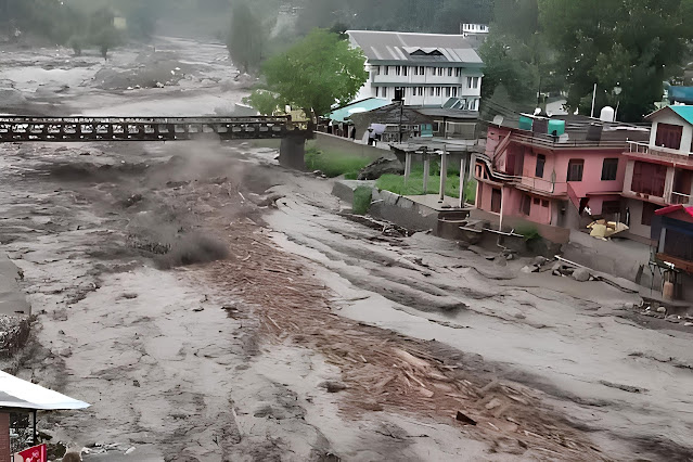 Massive floods hit Himachal Pradesh 2025 — swollen river damages residential areas and bridge in Mandi due to continuous heavy rainfall, flash floods, and landslides.