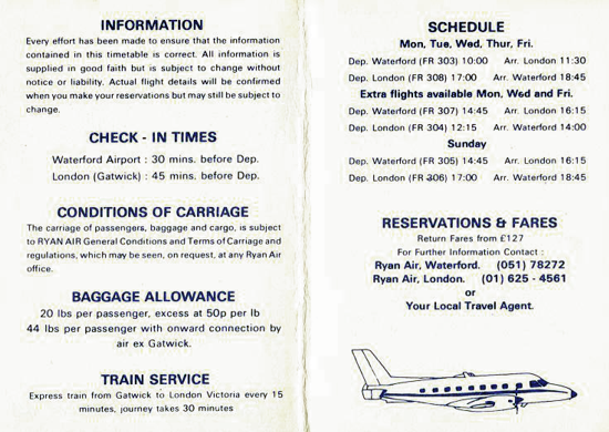 Ryanair's timetable 1986 - back