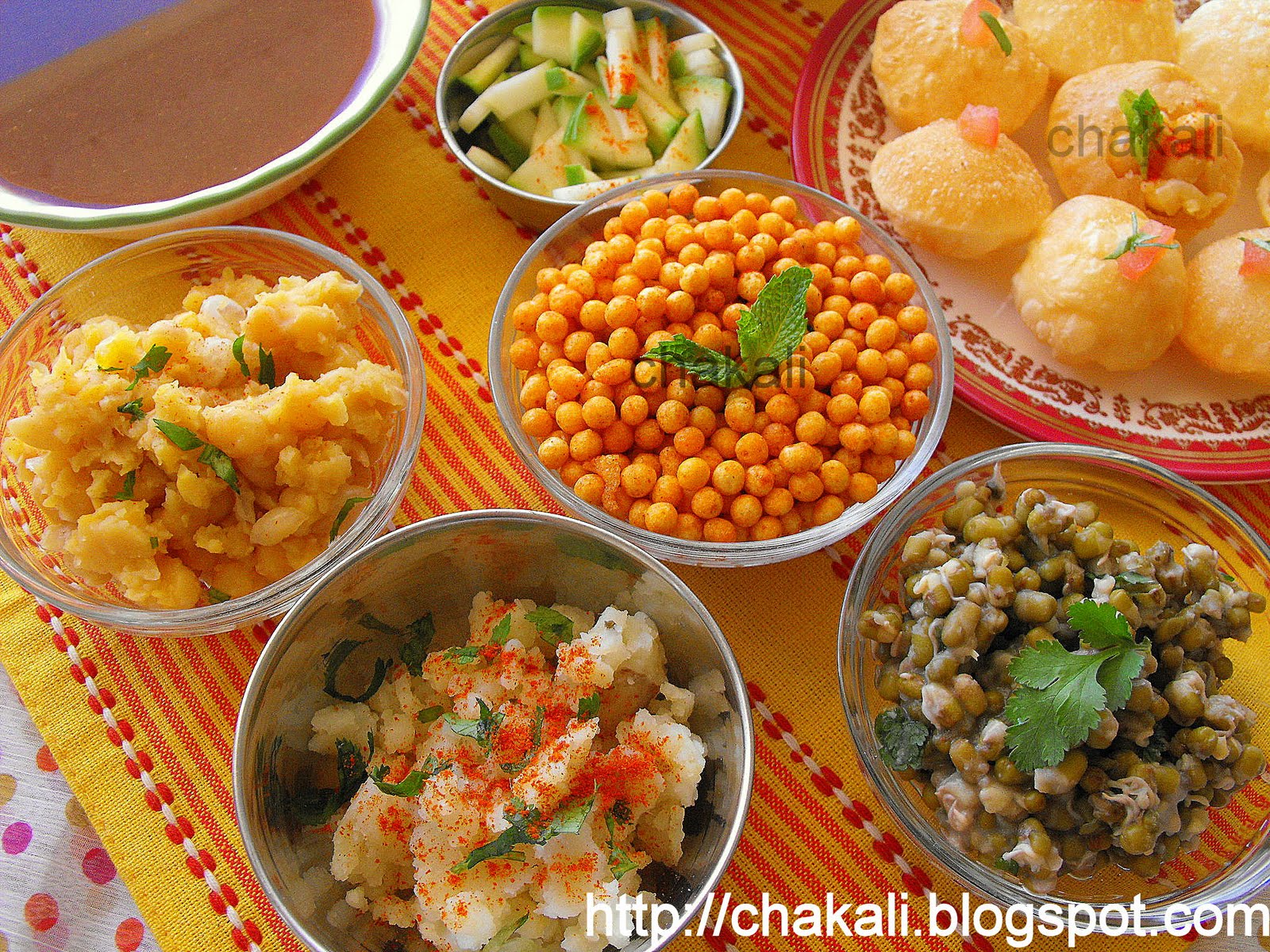 variety of stuffing like boondi, boiled potato, mung for panipuri