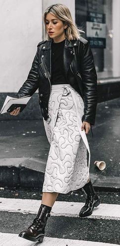 black and white street style | biker jacket + sweater + midi skirt + boots
