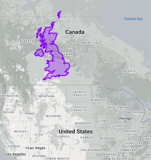 The UK's size and latitude overlayed on a map of North America