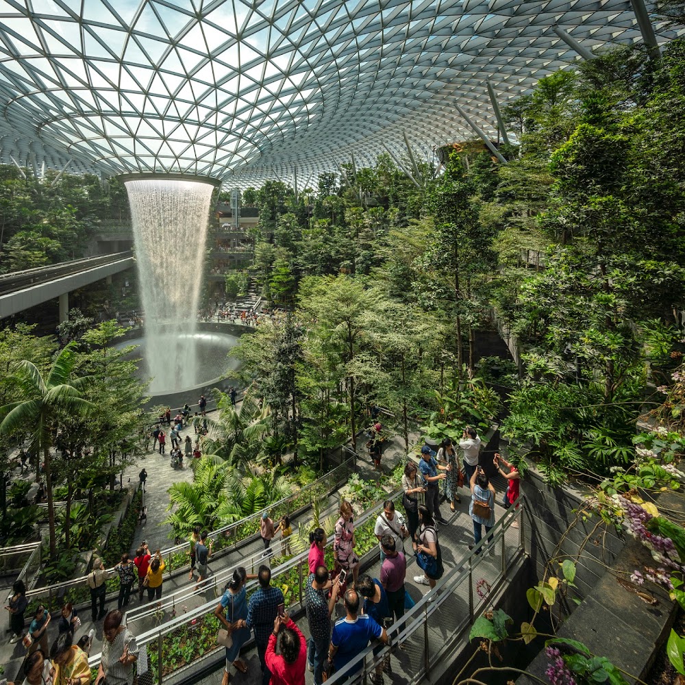 Domed park with central waterfall on Mars by Safdie Architects - a design for Jewel Changi Airport in Singapore