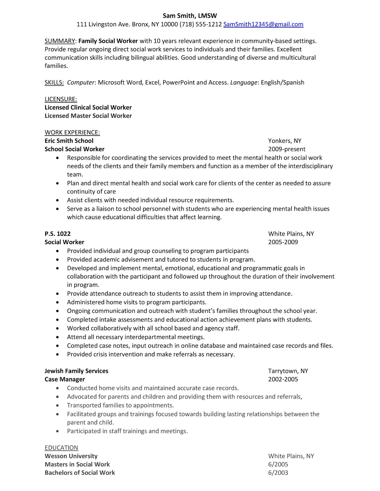 Sample Resume: Family Social Worker