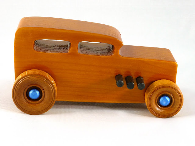 Right Side - Wooden Toy Car - Hot Rod Freaky Ford - 32 Sedan - Pine - Amber Shellac - Black Pipes - Metallic Blue Hubs