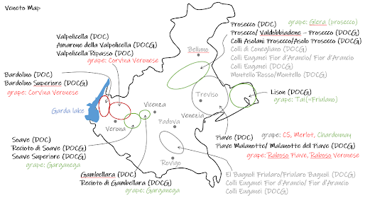 地図を使ったヴェネト Veneto 州の主要なdocgの暗記法