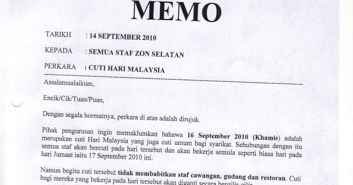 Contoh Surat Makluman Cuti Umum