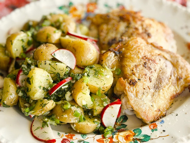 Crispy Mustard Chicken with Spring Potato Salad