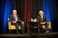 Innovation, Ernest Moniz said, is “the essence of America’s strength.” Shown here is Moniz (right) with Robert Armstrong, director of the MIT Energy Initiative. (Photo Credit: Bryce Vickmar) Click to Enlarge.