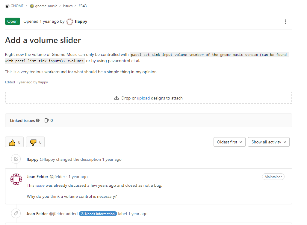 Screenshot desde gitlab sobre gnome-music: Usuario solicitando un control de volumen en la app de música, programador lo niega diciendo "Por qué un programa de música necesitaría un control de volumen".