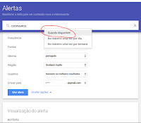 Imagem mostrando passo 3 do google alerta configurando para alerta sempre que for publicado as palavras-chave 