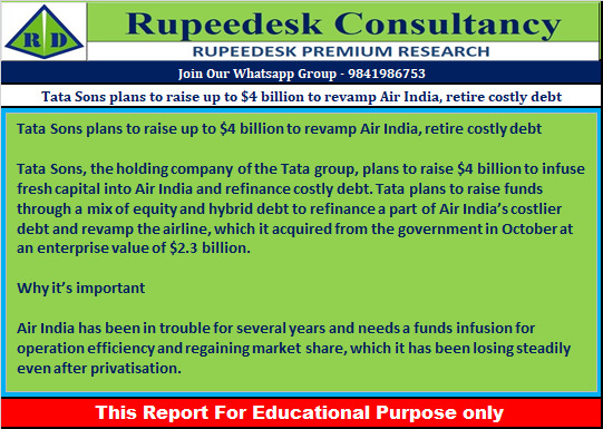 Tata Sons plans to raise up to $4 billion to revamp Air India, retire costly debt - Rupeedesk Reports - 06.09.2022