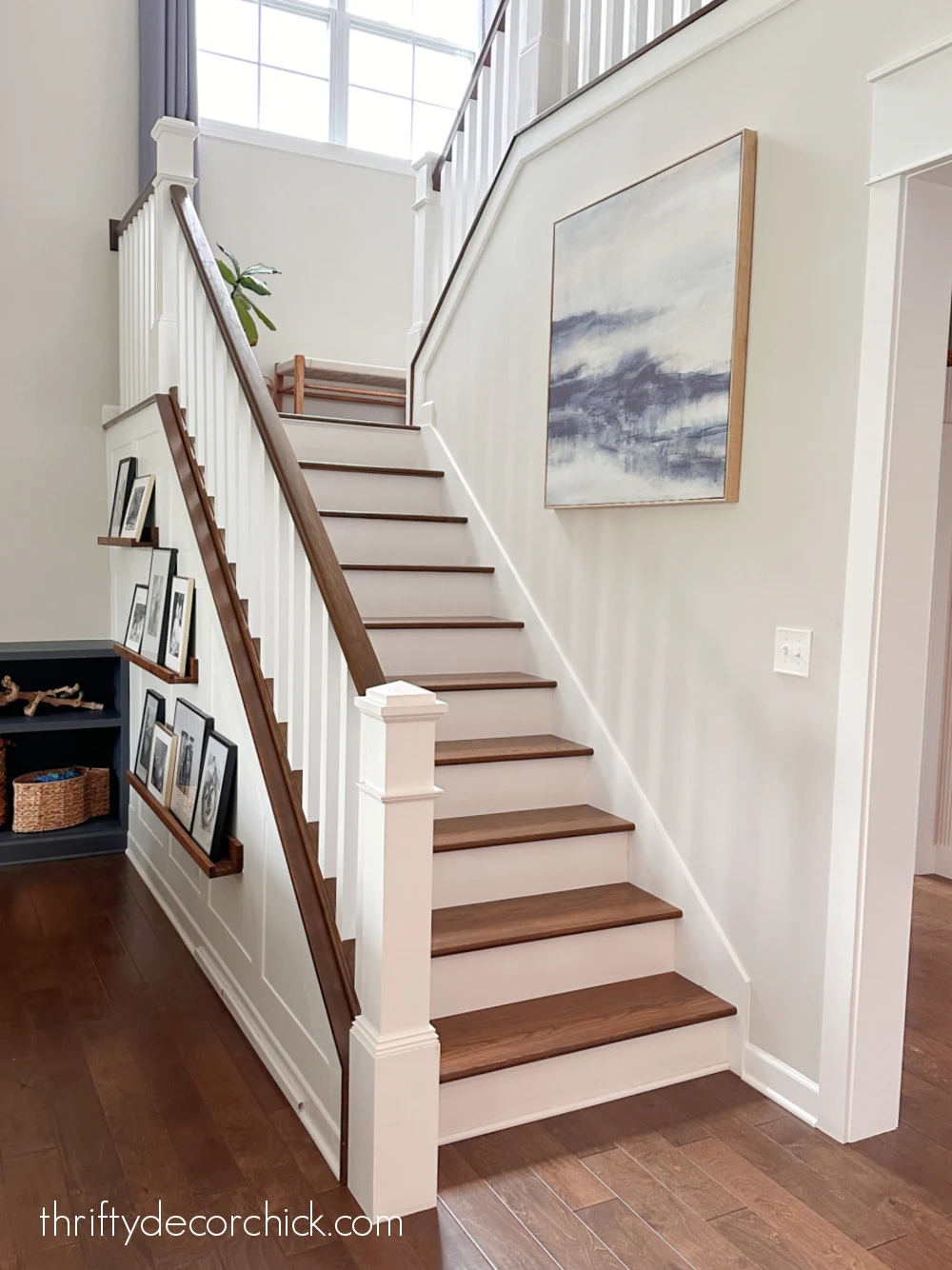 dark stain stairs white railings