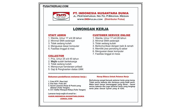 Lowongan Kerja Sma Smk Medan Mei 2020 Di Pt Indonesia Nusantara Dunia Lowongan Kerja Medan Terbaru Tahun 2021