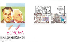 Sobre primer día de los sellos de Severo Ochoa y Miguel Catalán 1994