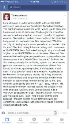 Islamophobia Oleh United Airlines, tahera ahmad facebook