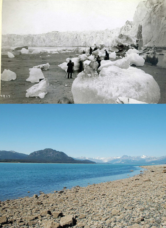 You Still Think Climate Change Is A Hoax These 20 Before-And-After Photos Will Leave You Speechless! - 1880S AND 2005 ALASKAN MUIR GLACIER AND INLET