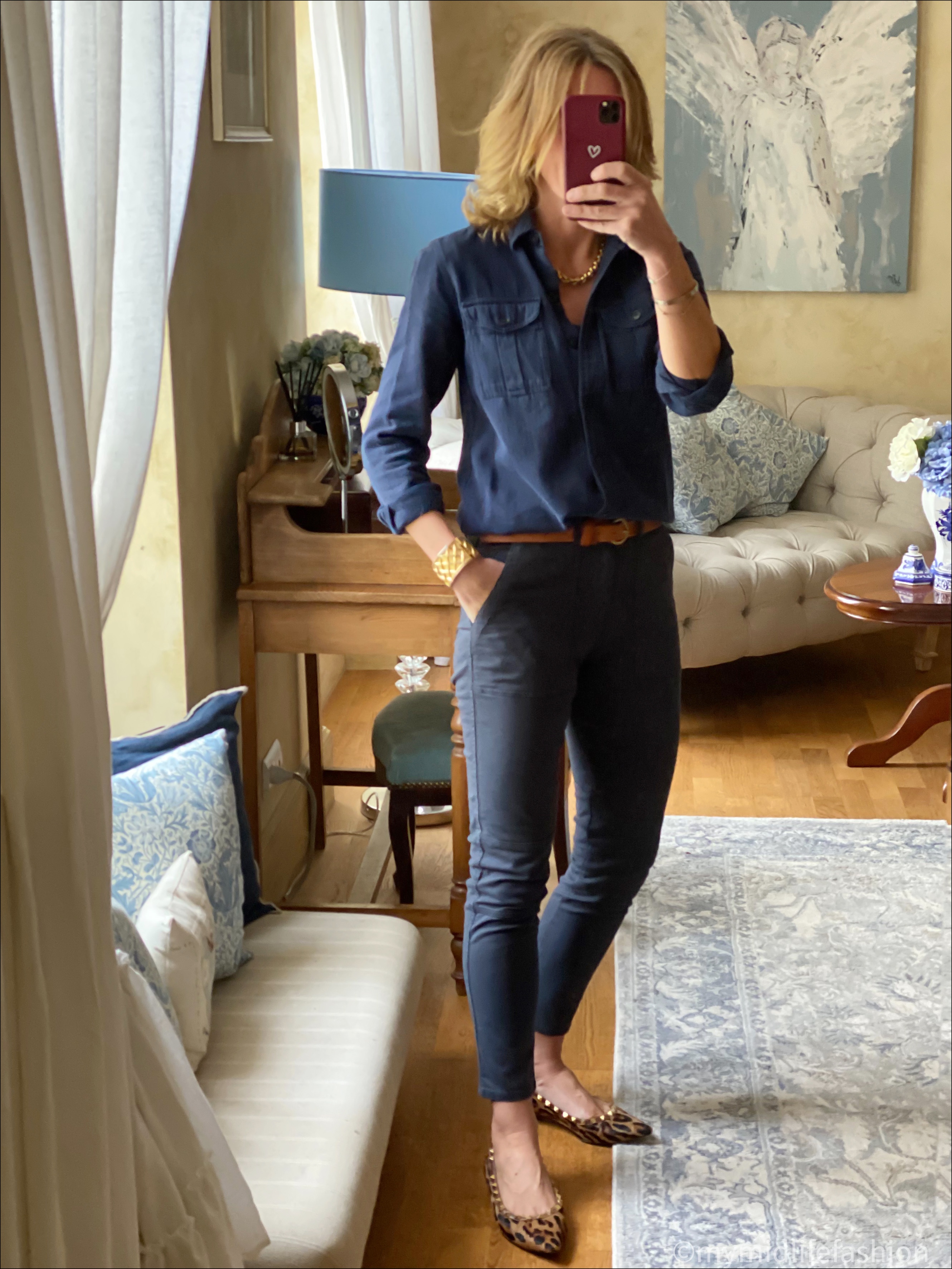 my midlife fashion, Isabel Marant Etoile cotton shirt, baukjen oralie organic cargo pant, Massimo Dutti leather tan belt, studded leopard print ballet flats