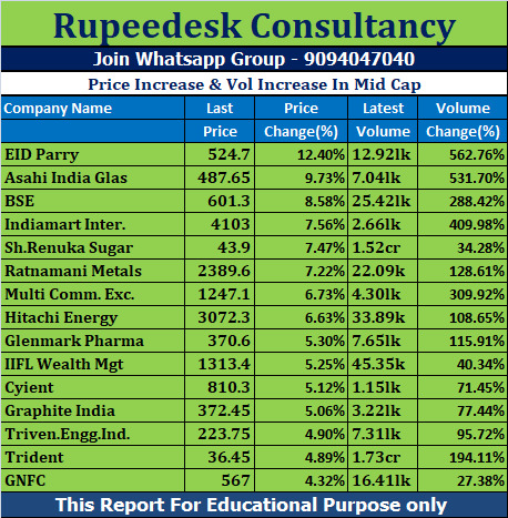 Price Increase & Vol Increase In Mid Cap