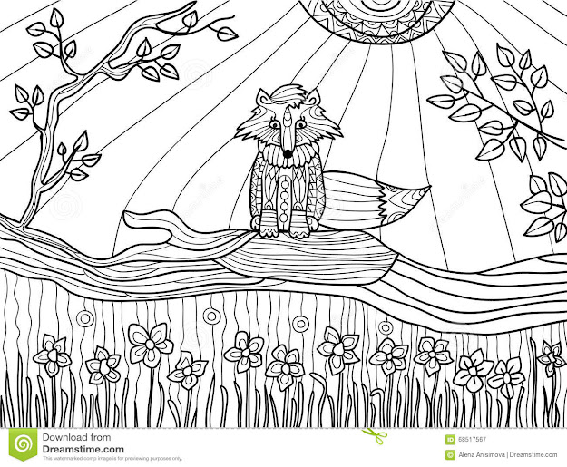 Coloring Book Pages For Adults Funny Fox Cub On Fallen Tree Vector