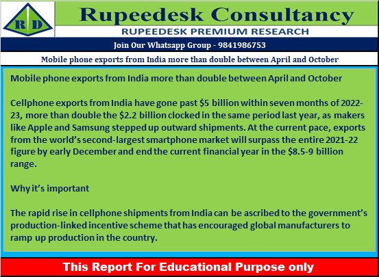 Mobile phone exports from India more than double between April and October - Rupeedesk Reports - 29.11.2022