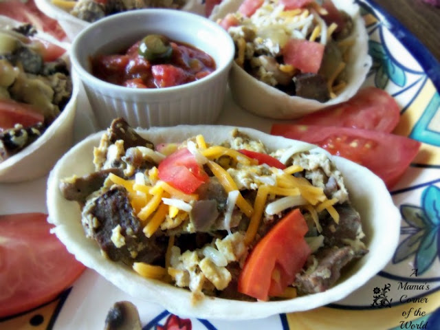 Steak and Egg Breakfast Bowls served in Old El Paso soft tortilla bowls