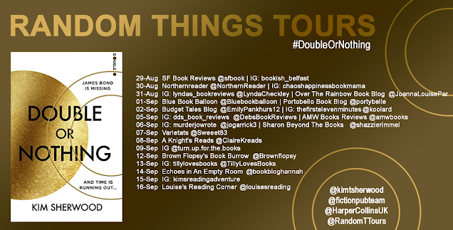 Blog tour poster for new James Bond novel Double or Nothing, listing the blogs hosting reviews.