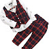 Si Noir by Hopscotch Boys Checks Waistcoat with T-Shirt Attached Bow and Pant Set Poly Cotton in Red Color