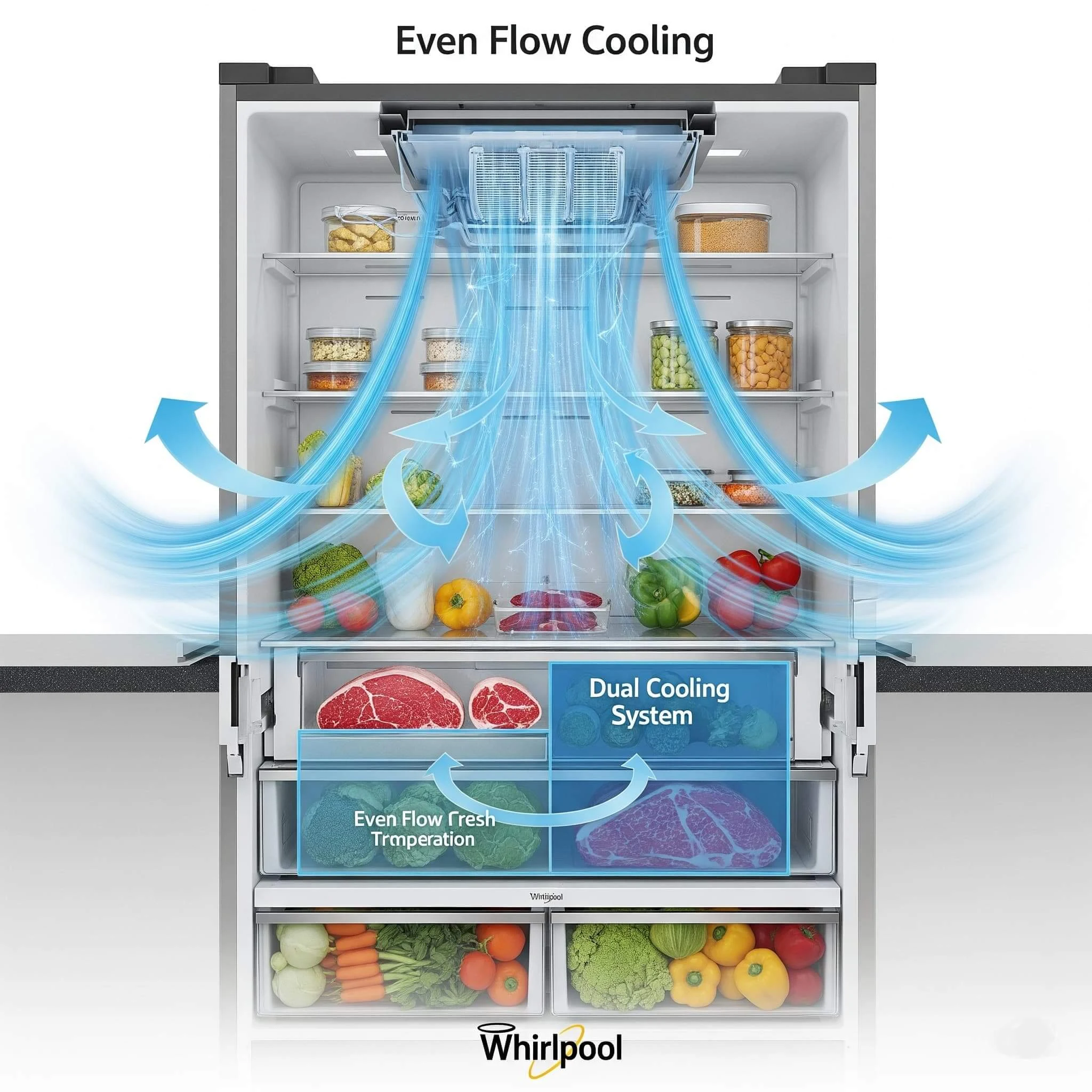 Whirlpool refrigerator cooling system cross-section showing dual cooling airflow for fridge and freezer