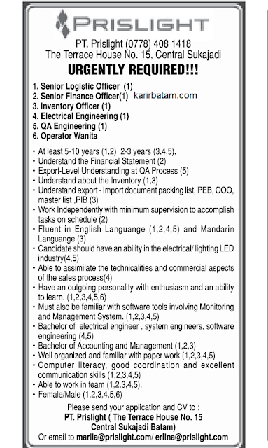 Lowongan Kerja PT. Prislight Indonesia