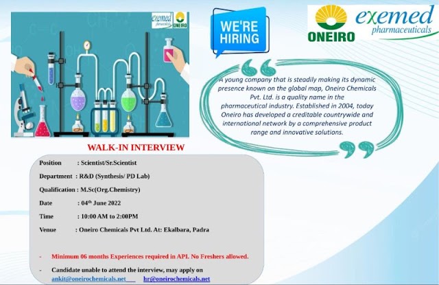 Oneiro (Exemed) Pharmaceuticals | Walk-in interview at Vadodara for R&D on 4th June 2022