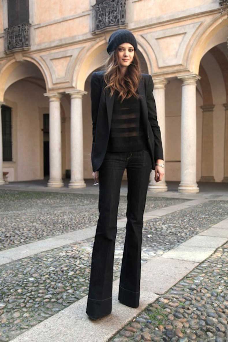 9 Ultra-Cool Ways to Wear Flared Jeans – Beanie, Blazer, Striped Blouse, Diana Moldovan