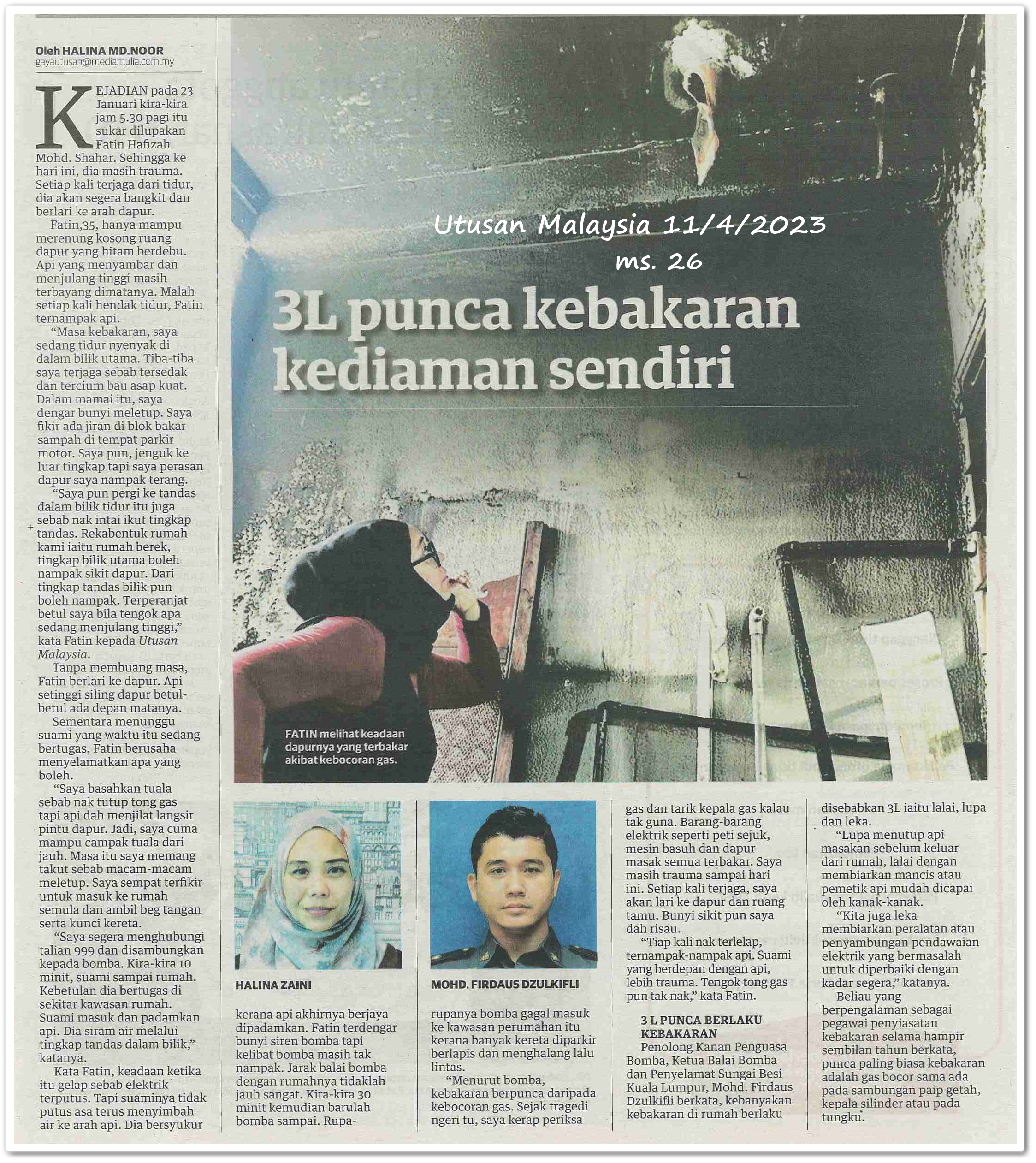 3L punca kebakaran kediaman sendiri - Keratan akhbar Utusan Malaysia 11 April 2023