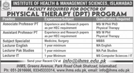 Latest Institute of Health & Management Sciences Education Posts Islamabad 2022