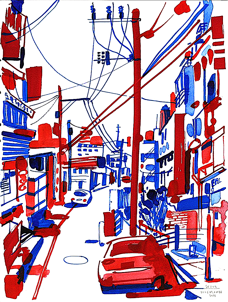 a Christoph Niemann red & blue image of Seoul