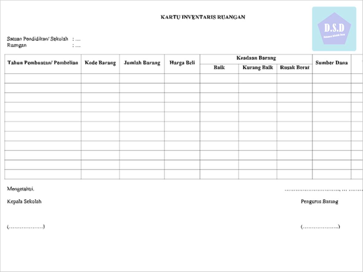 format kartu inventaris untuk semua ruangan di sekolah