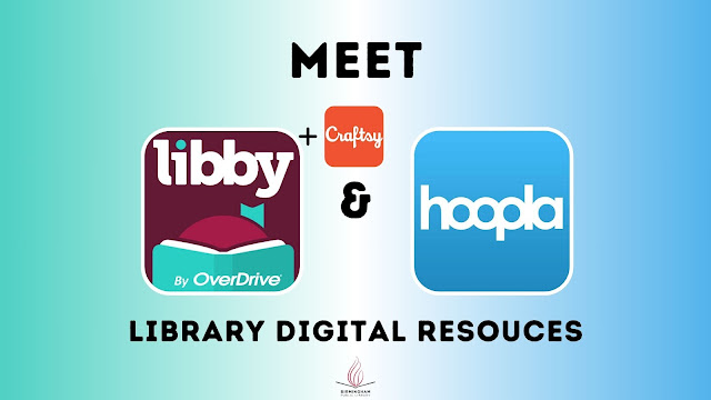 Blog banner advertising Libby+Craftsy and Hoopla, BPL Library Digital Resources. There is a picture of each app: Libby shows the top head of a character with maroon hair and a teal hair clip like a bookmark reading a teal book set against a darker red background, Craftsy is in cursive set against a bright orange background, and Hoopla is just a bright blu color.