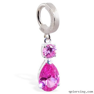 Silver Tummytoys belly sleeper ring with pink cz dangle, 14 ga