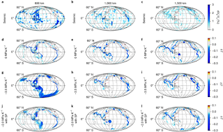 Mapa de anomalías sísmicas y anomalías de temperatura del modelo actual.