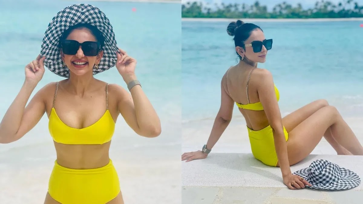 Rakul Preet Singh Sizzles In The Stunning Yellow Bikini On Her Vacation.