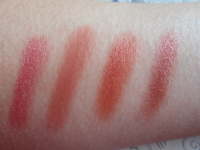 Urban Decay Naked Heat swatches - L-R Lumbre, He Devil, Dirty Talk, Scorched