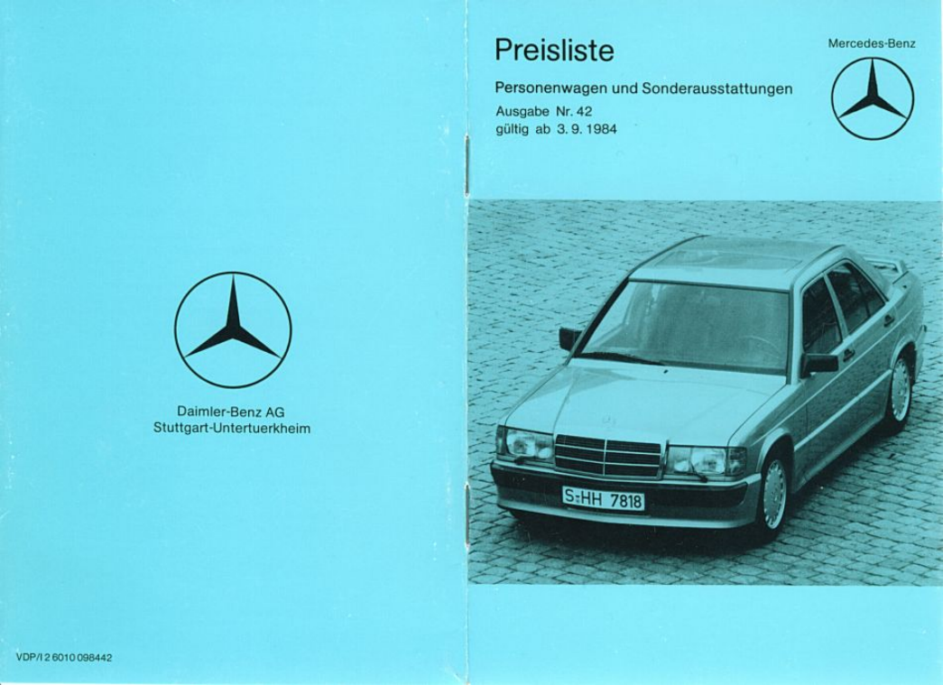 Mercedes-Benz Baureihe 107 123 126 201 Preisliste 09/1984 Nr. 42