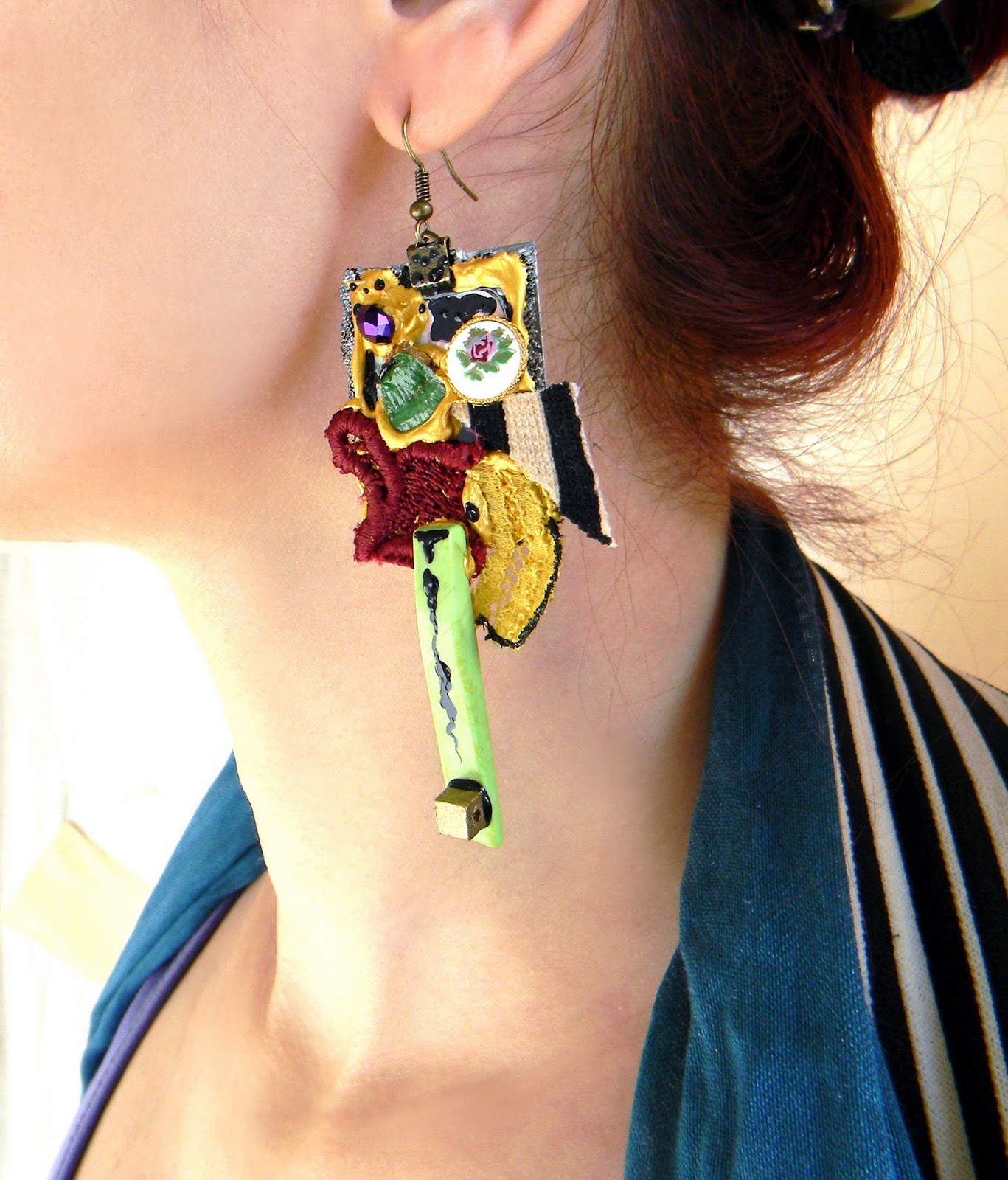 Gypsy Fashion Collage Earrings, Statement Jewelry with Hand Painted Details, Howlite, Beads and Lace Adornments