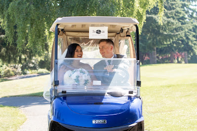 Joy and Kenny on a golf cart ride on the way to take romantic portraits