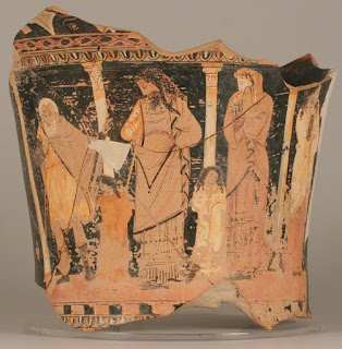 Oedipus discovering truth, vessel fragment, Greek, 330–320 B.C.