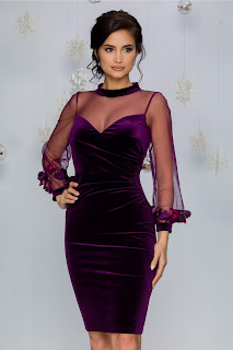 Rochie de botez Ginette mov cu maneci din tull cu flori 3D