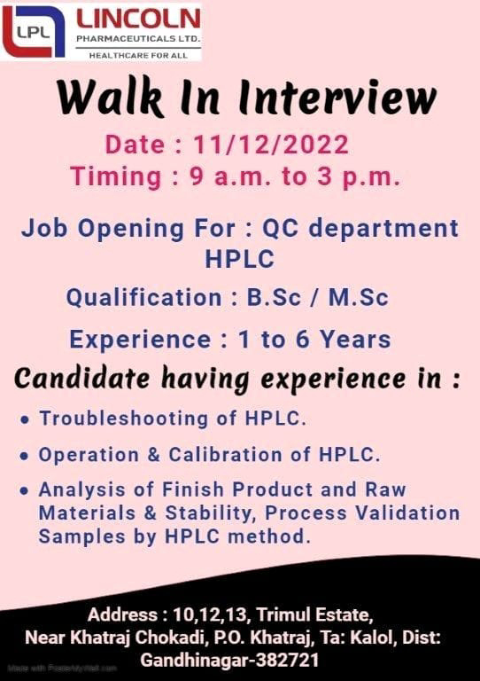 Job Availables, Lincoln Pharmaceutical Ltd Walk-in Interview For Quality Control