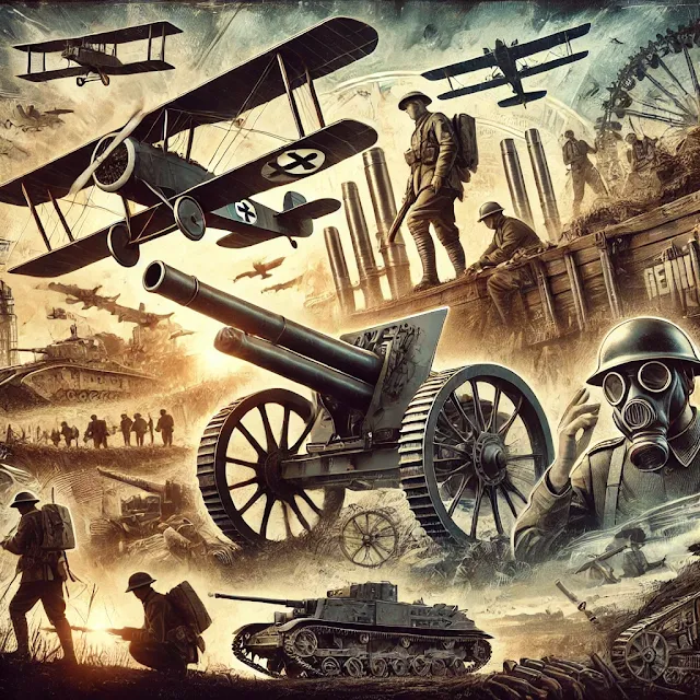 Collage-style depiction of World War I weapons and technology, featuring trench warfare, artillery guns, machine guns, tanks, airplanes, and a soldier wearing a gas mask to represent chemical warfare.