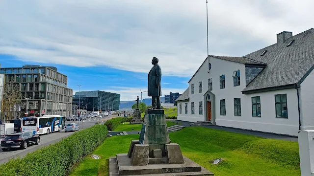 View of statue and Harpa in Reykjavik, Iceland