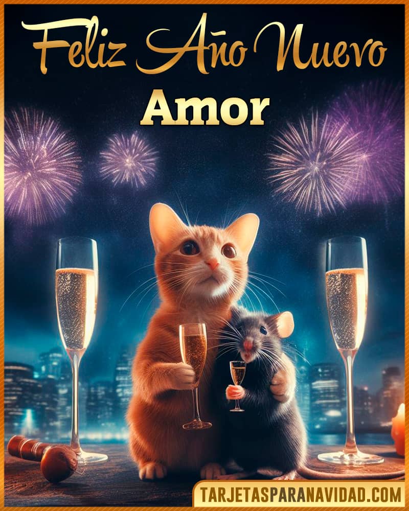 Tarjeta De Feliz Año Nuevo De Gato Y Raton Para Amor