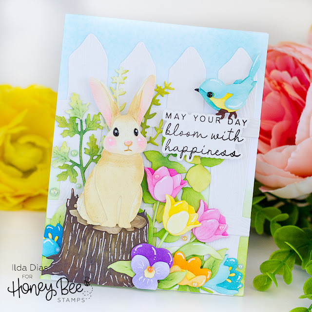 Lovely Layers, Rabbit, April Showers, Herb Garden, Stump, Barn Wood Fence, Spring, Scene Card, Honey Bee Stamps, how to, hand made card, Stamps, stamping, die cutting, card making, ilovedoingallthingscrafty,Ink Blending,